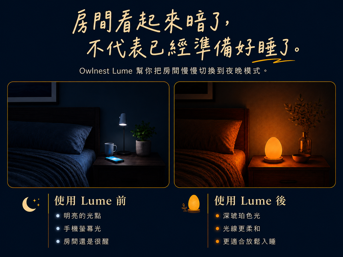 使用 Lume 前後，房間轉為深琥珀夜晚光線