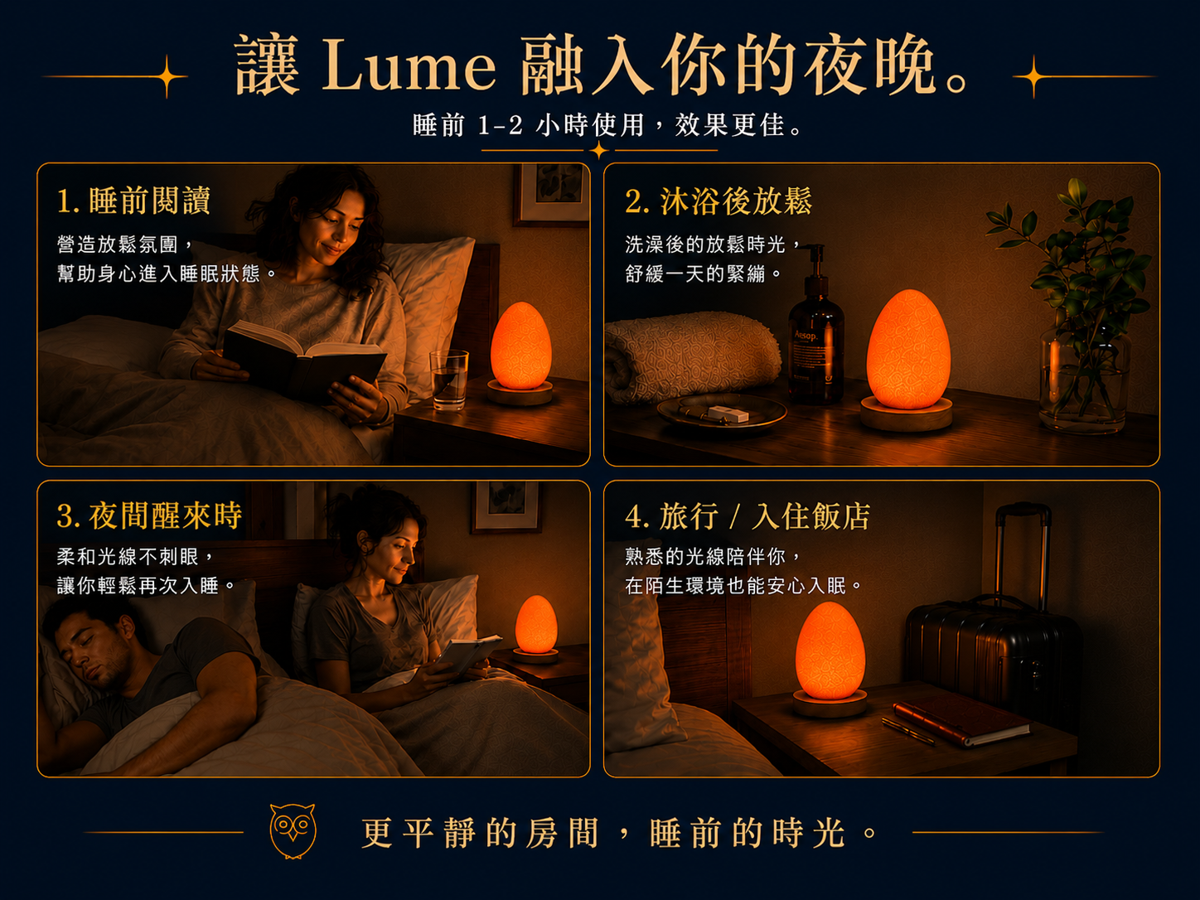 閱讀、洗澡後放鬆、伴侶已睡與旅宿夜晚等 Lume 使用情境