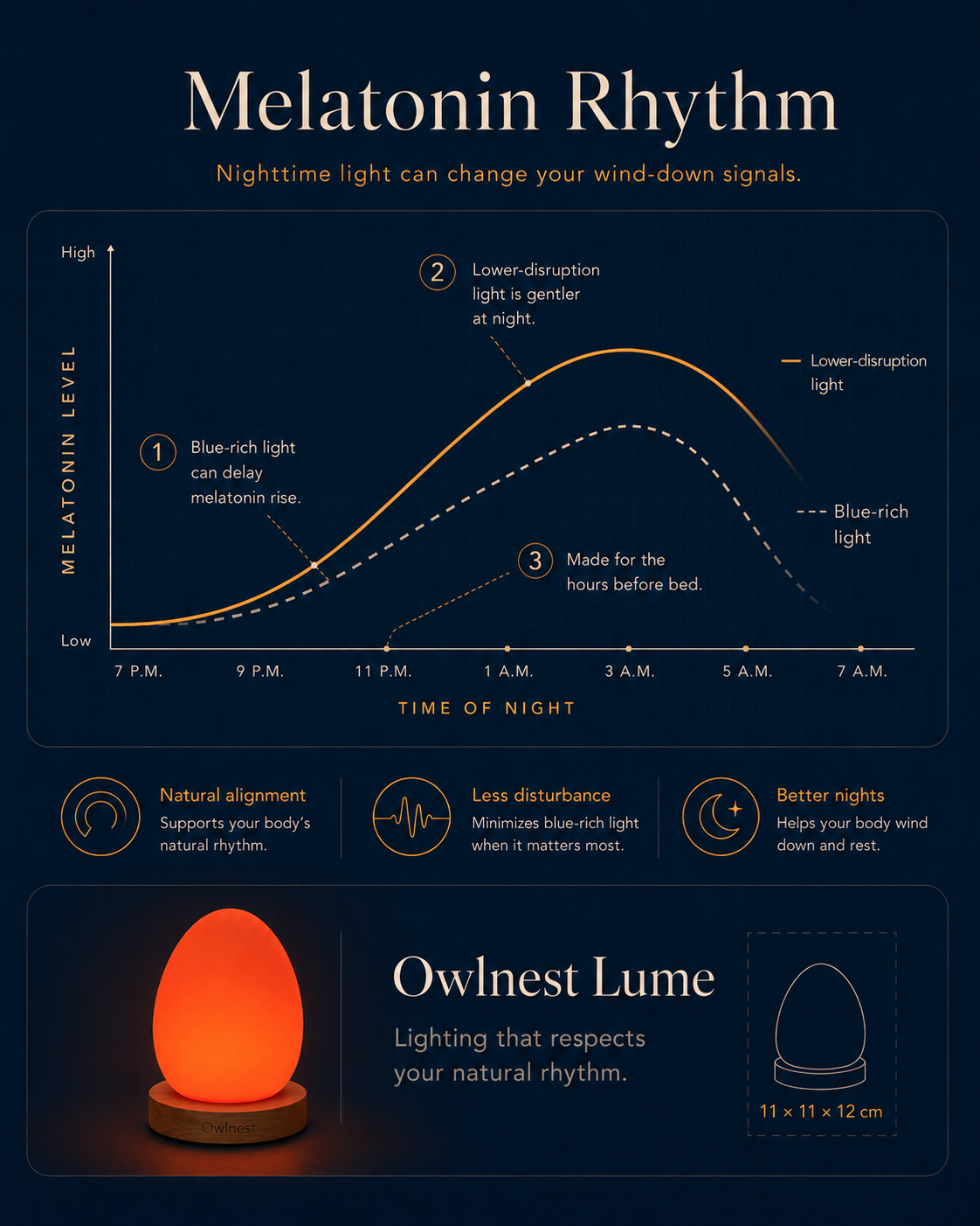 Conceptual melatonin rhythm chart comparing lower-disruption light and blue-rich nighttime light