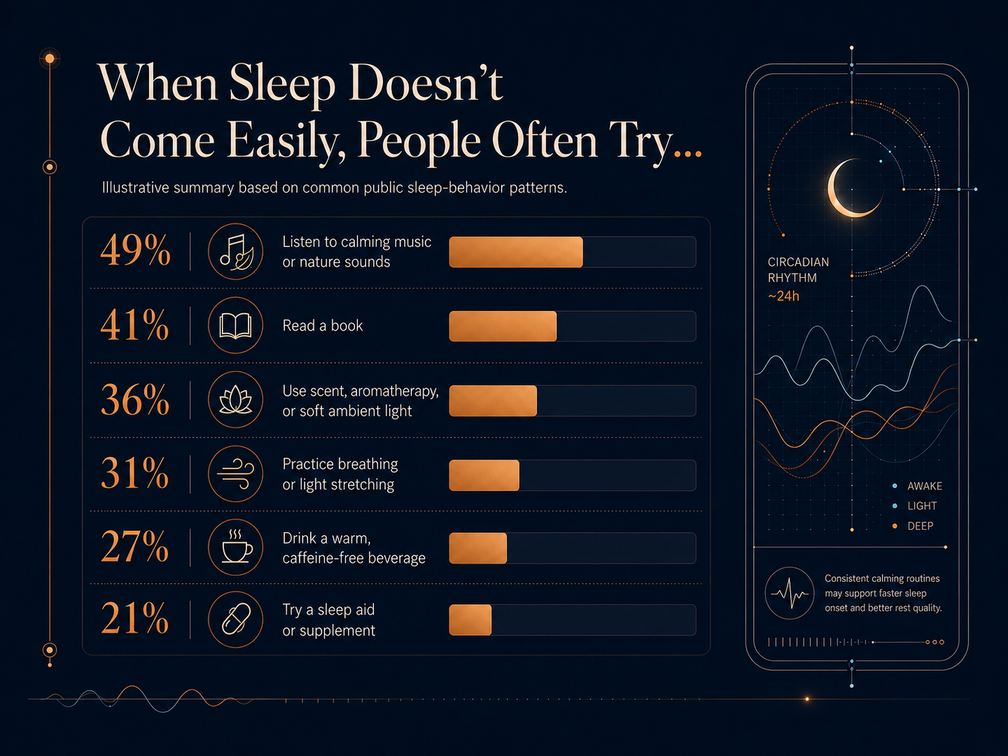 Infographic showing common sleep routine behaviors people try when sleep does not come easily