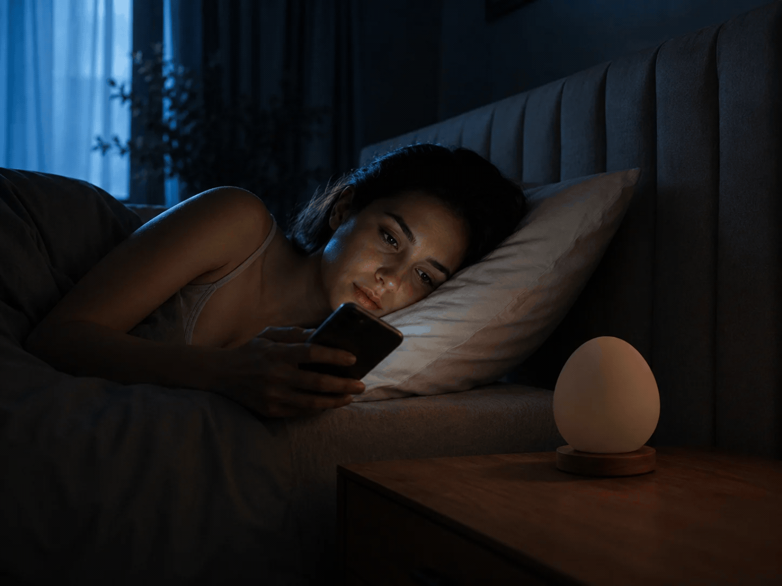 Nighttime phone pickup moment with Owlnest Lume