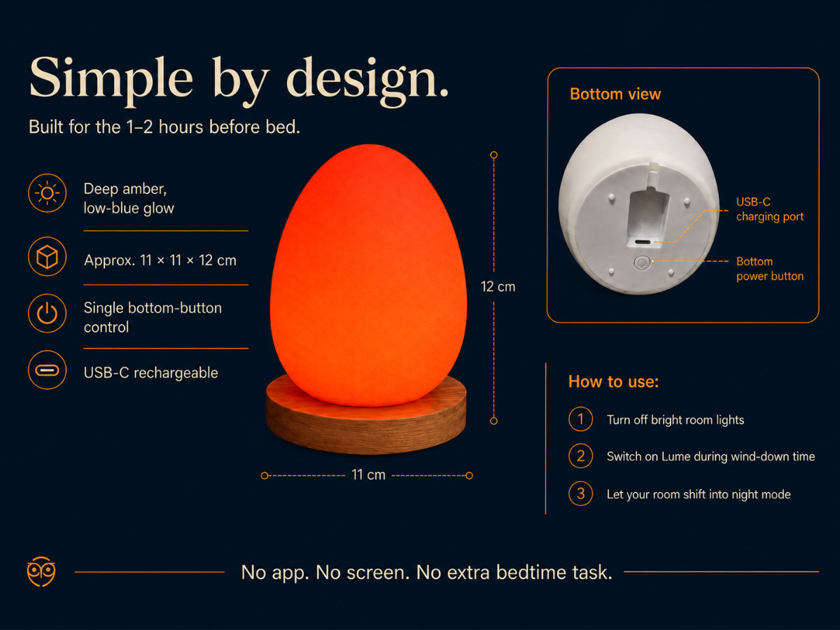 Owlnest Lume product details showing size, USB-C charging, bottom button, deep amber glow, and no app or screen