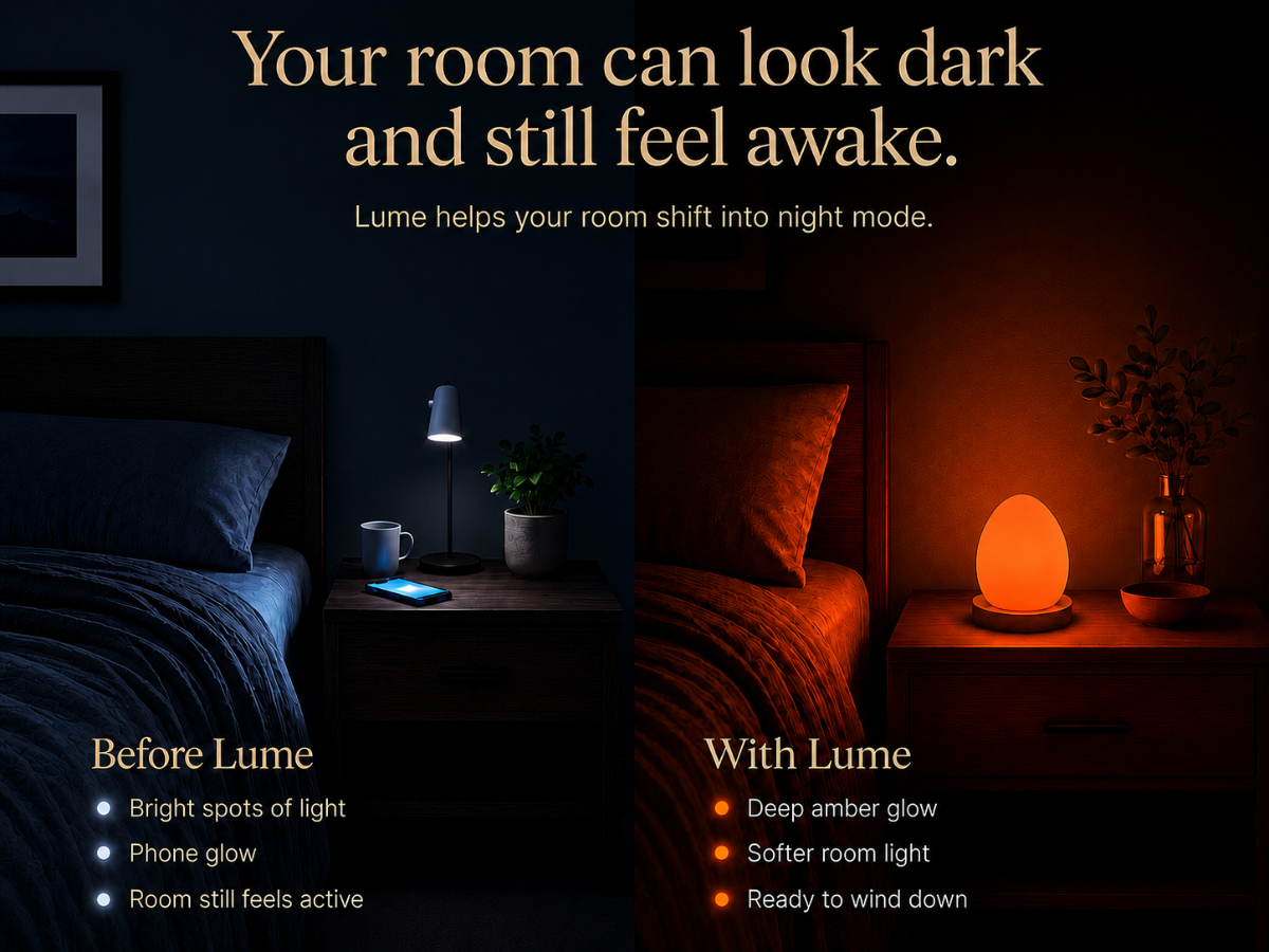 Before and with Lume comparison showing a darker active room changing into a softer amber sleep-ready room