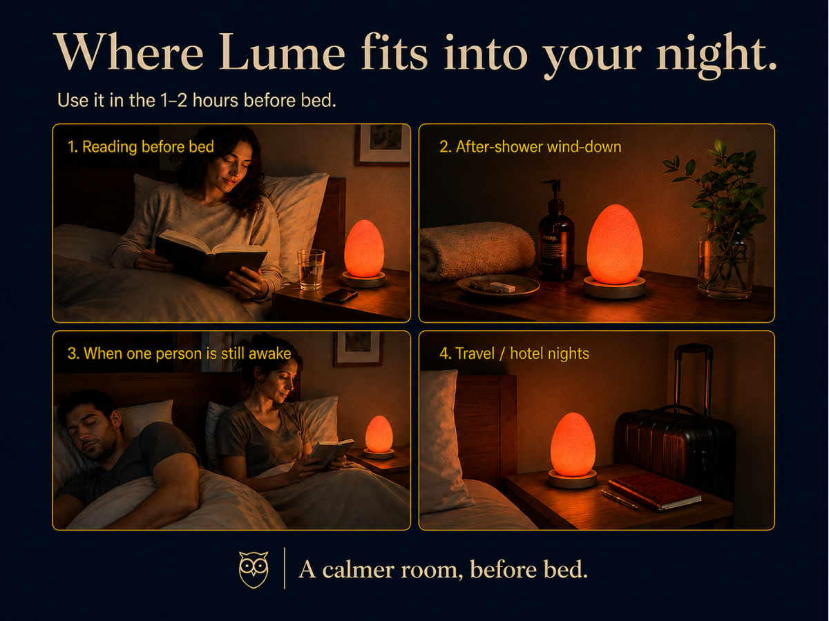Four nighttime use scenes for Owlnest Lume including reading, after-shower wind-down, partner asleep, and hotel nights