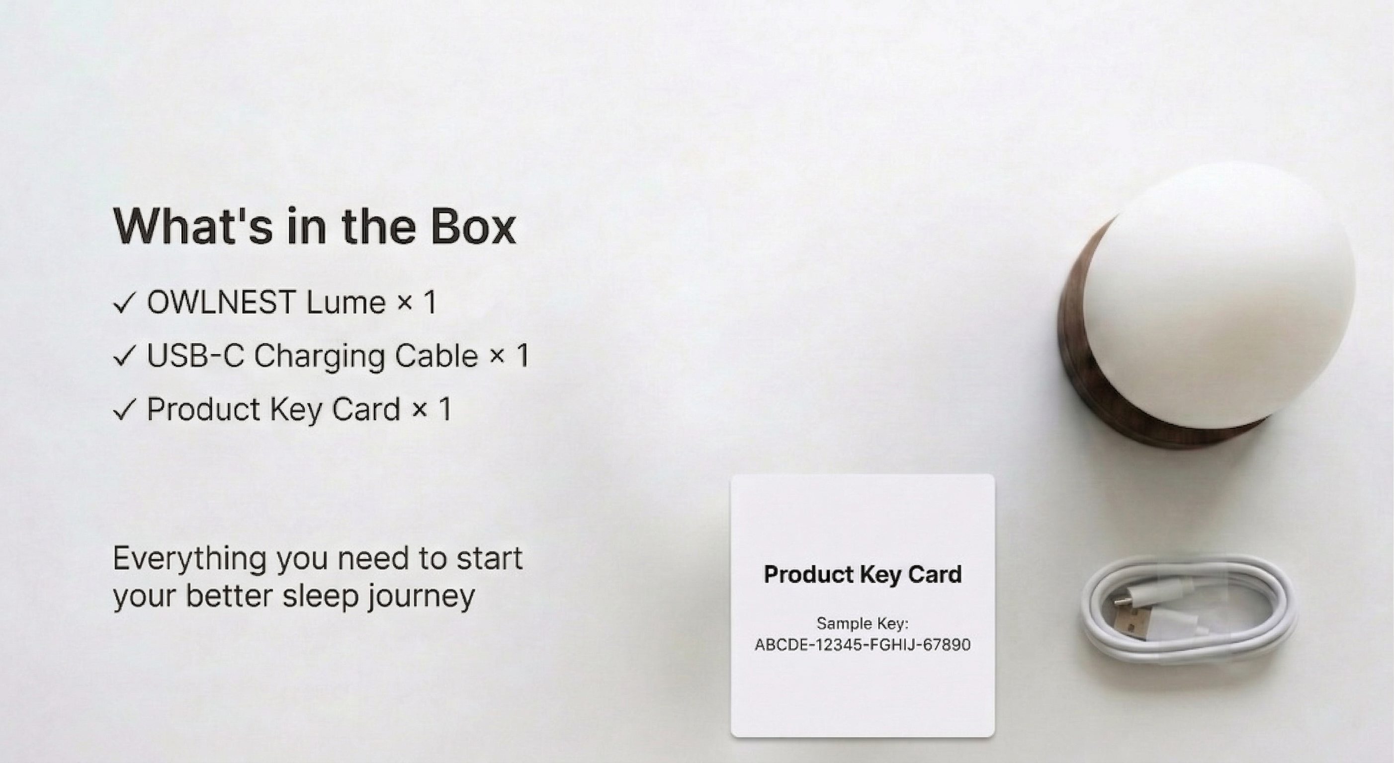 Owlnest Lume included items with lamp, USB-C cable, and product key card